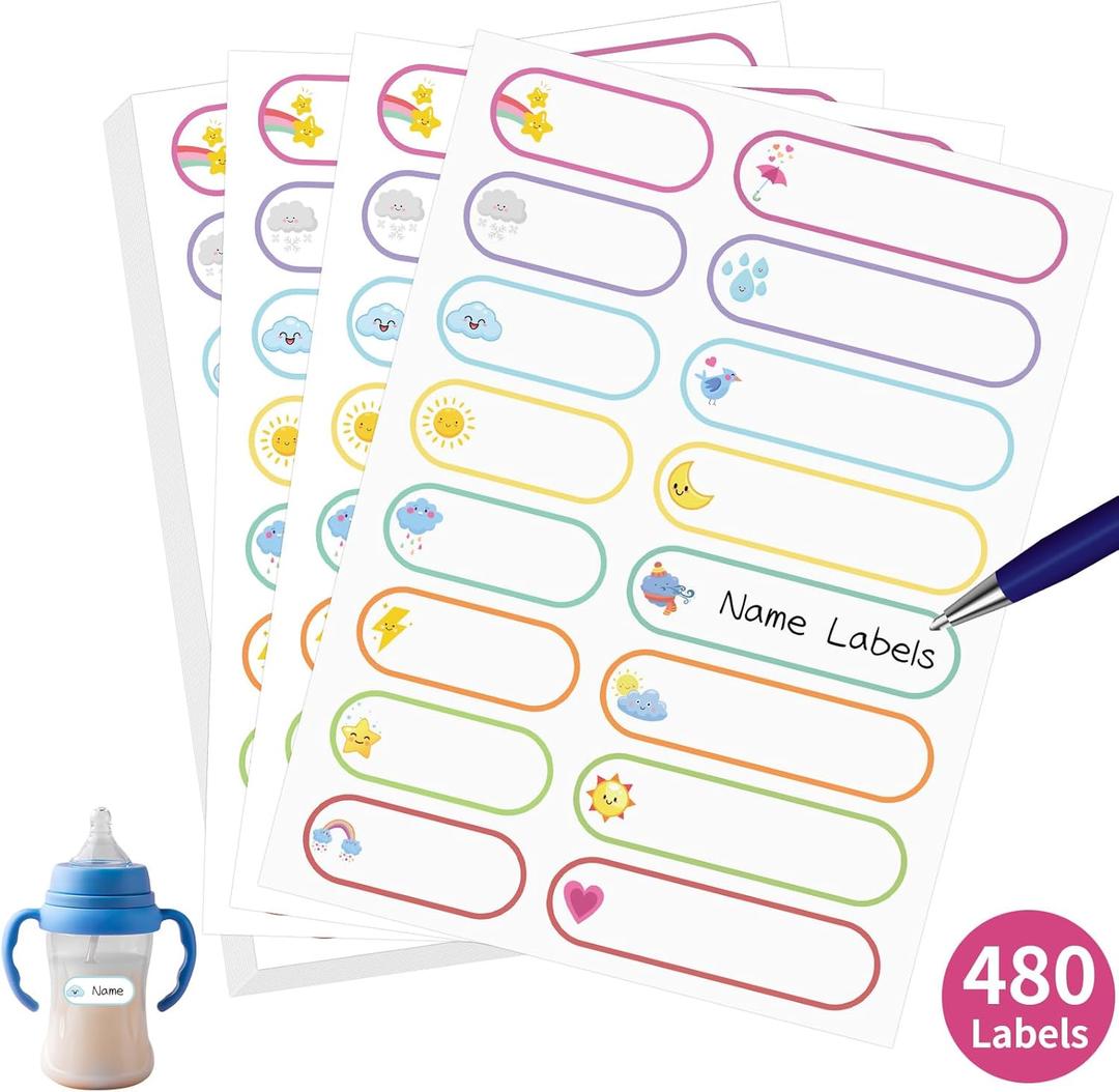 480 Pcs Labels for Kids Stuff Daycare, Waterproof Baby Name Label, Washable Bottle Labels, Reusable Self-Adhesive Tag Stickers for School Essentials, Self-Laminating Write-on (Weather)