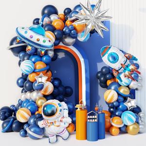 Ouddy Party 142Pcs Outer Space Party Decorations Balloon Garland Kit, Space Birthday Party Supplies UFO Astronaut Themed Navy Blue Silver Foil Latex Balloons for Boys Kids