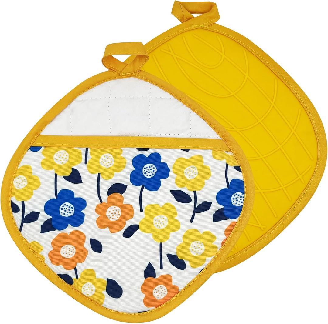 2 Pack Pot Holders with Pocket, Heat Resistant Silicone Hot Pads, Non-Slip Pot Holder for Kitchen Cooking, Baking and Oven Use, Dual-Sided Hot Pad & Trivet (7.877.87 in, Floral Pattern)