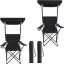 Portable Camping Chair 2 Pack with Foldable Canopy, Folding Outdoor Chair with Cup Holder & Side Pocket for Camping, Hiking, Picnic, Beach (Black)