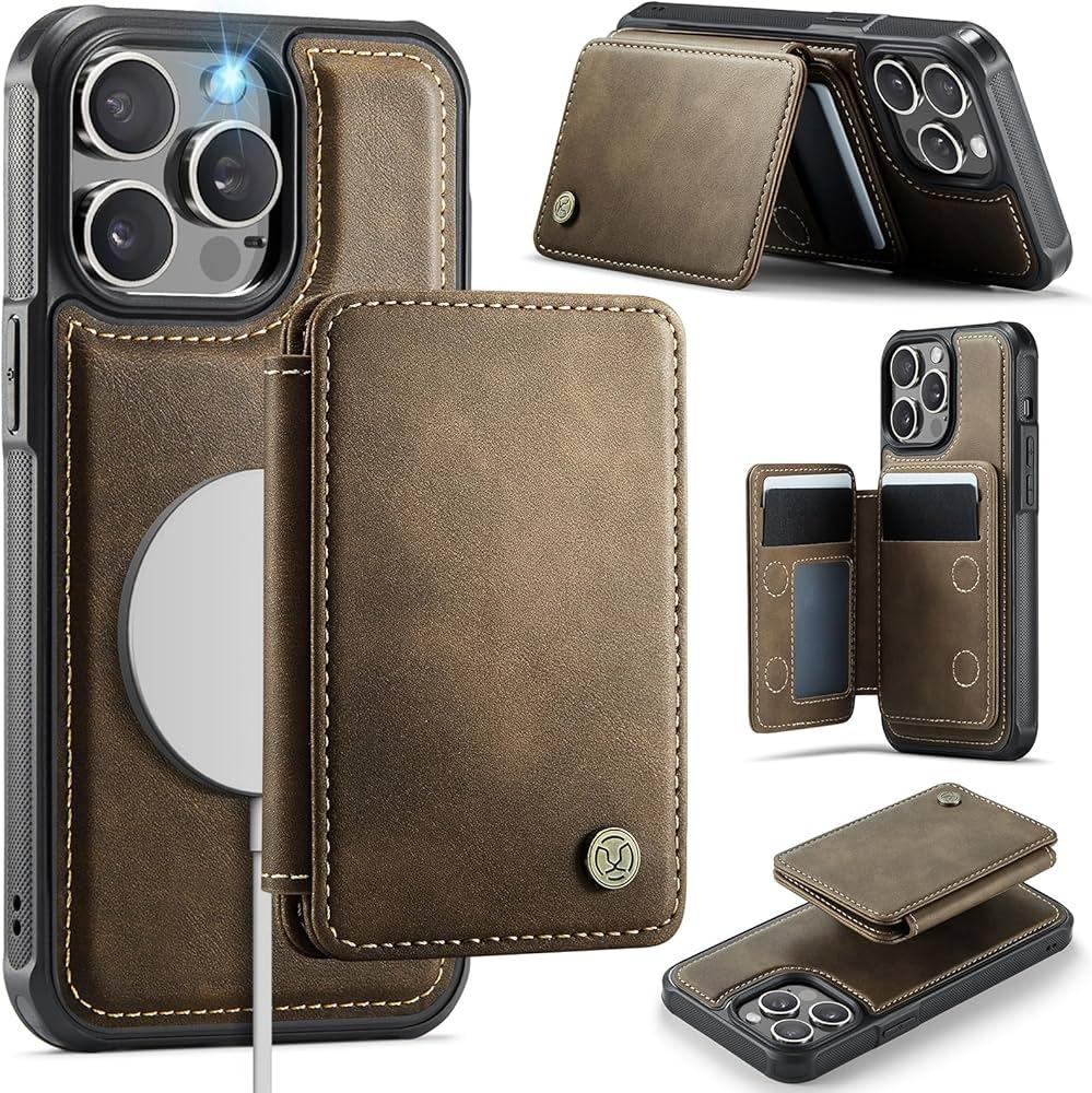 Usroom Compatible with Magsafe for iPhone 13 Pro Max Wallet Case Magnetic Card Holder, RFID Blocking 2 in 1 Detachable Kickstand Shockproof Case for Women Men, Bronze Gold