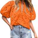 BETTE BOUTIK Women's Long Short Sleeve Tops 2025 Dressy Casual Button Hollow Out Lace Embroidered Blouses Shirts (Orange, M)