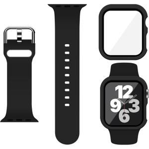 Sport Silicone Band and Case with Screen Protector for Apple Watch Series 9, 8, 7, 6, SE, 5, 4 (Black)