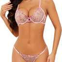 Lilosy Sexy Floral Embroidered Mesh Sheer Underwire Lingerie Set (Pink, S)