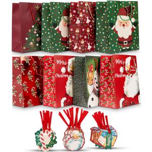 VOTUM 24pc Christmas Gift Bags with Handles + 60pc Holiday Gift Tags- Bulk Set for Wrapping Christmas Gifts, Party Favors, & Shopping  Festive Designs, Durable Paper Bags for Presents (Traditional)