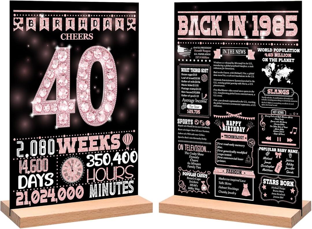 40th Birthday Party Decorations for Girl Boy, Sweet Back in 1985 Birthday Decor Poster Acrylic Table Sign, 40th Birthday Party Supplies, Double-Sided