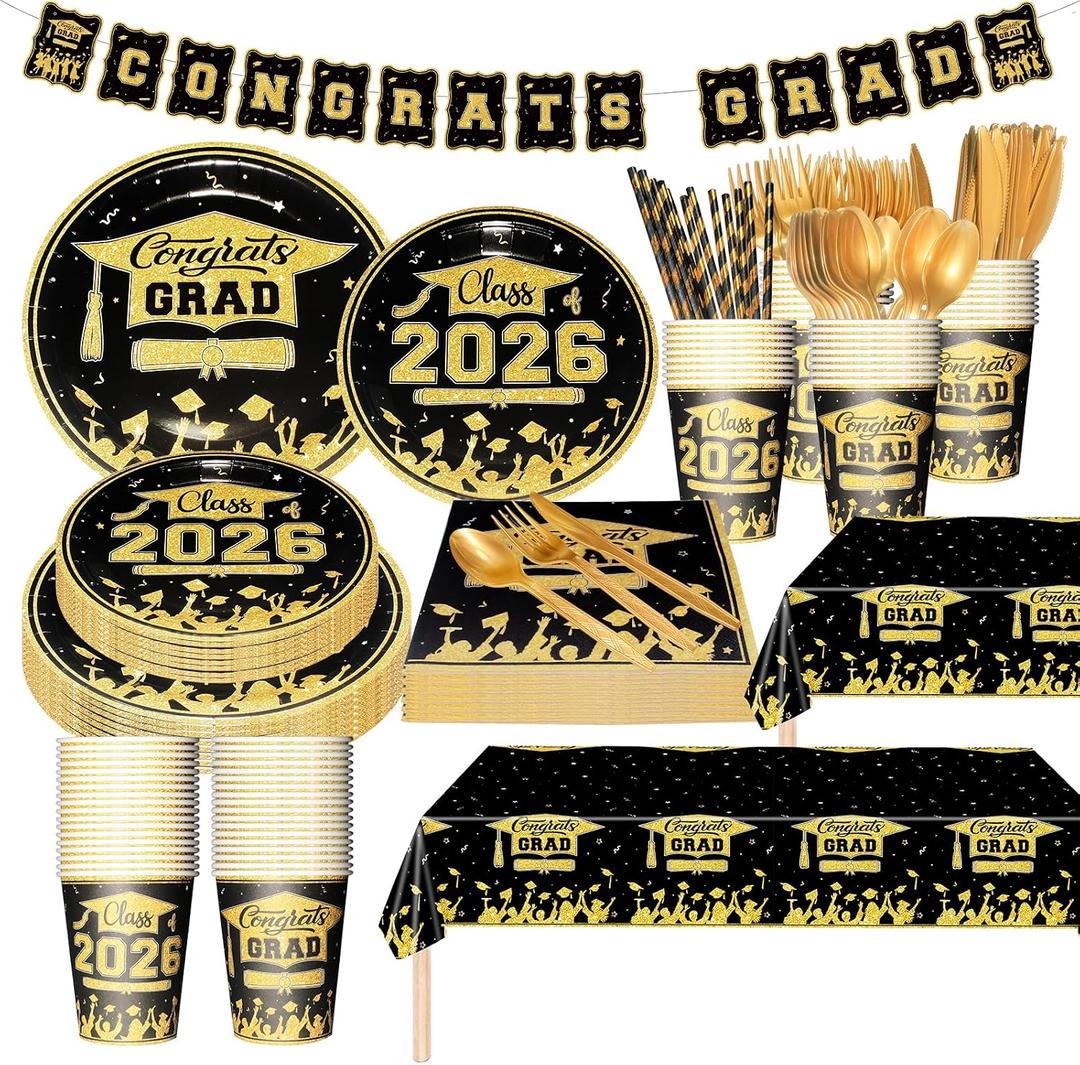 Graduation Plates and Napkins 2026, Graduation Decorations 2026, 403pcs Black and Gold Graduation Decorations with Disposable Plates Napkins Cups Tablecloth, Serve 50
