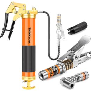 THINKWORK 8000 PSI Professional Heavy Duty Grease Gun Kit for 14 Oz Tubes, Pistol Grip Lube Grease Guns Tool with 0.53" Coupler & 90 Adaptor - Automotive, Marine, Industrial, Agricultural Machinery