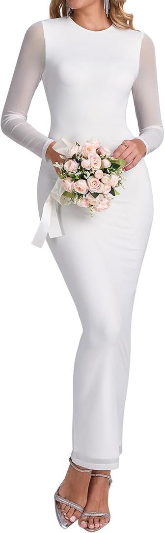 KUTUMAI Fall Long Sleeve Floral Formal Wedding Guest Maxi Dress for Women (White, XL)