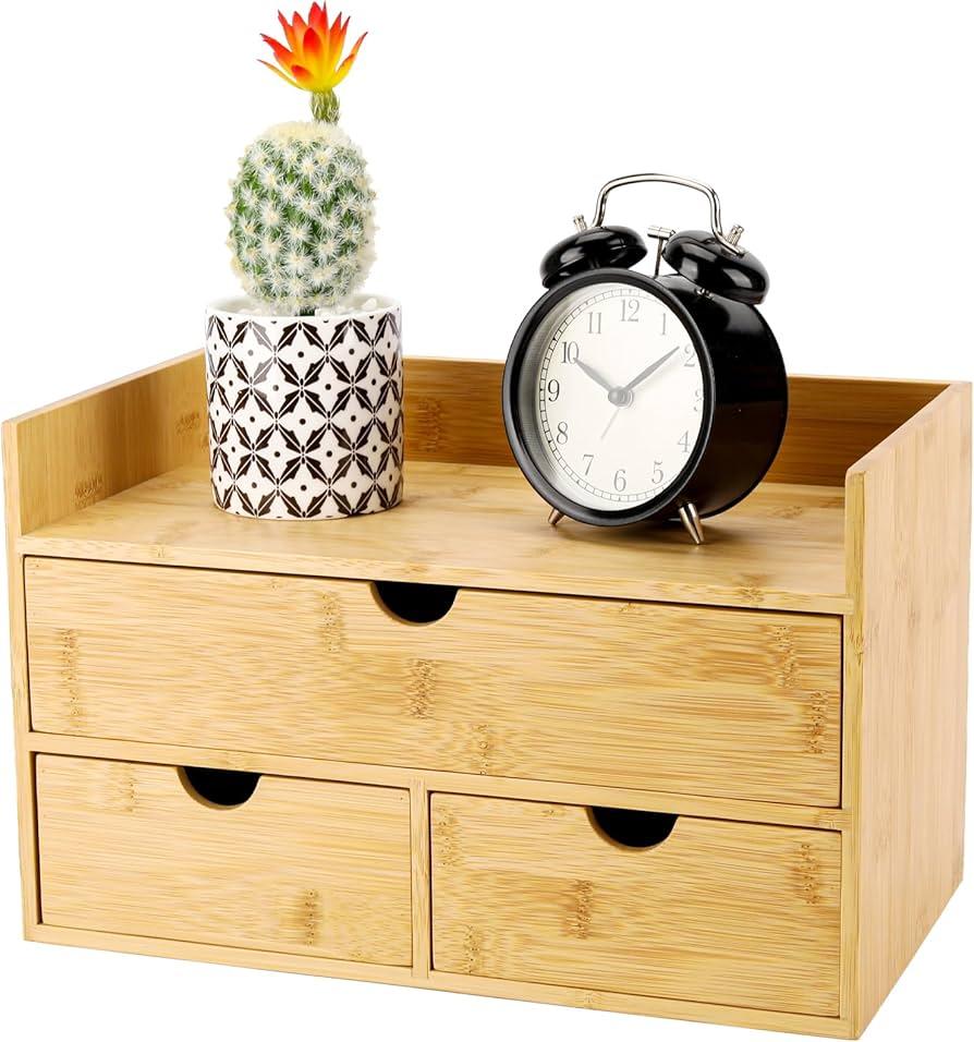 Bamboo Desk Organizer 3 Drawer with Shelf, Countertop Organizer with Drawers Makeup Storage Drawer 3 Drawers Tabletop Storage Organization Box Home Office Workspace