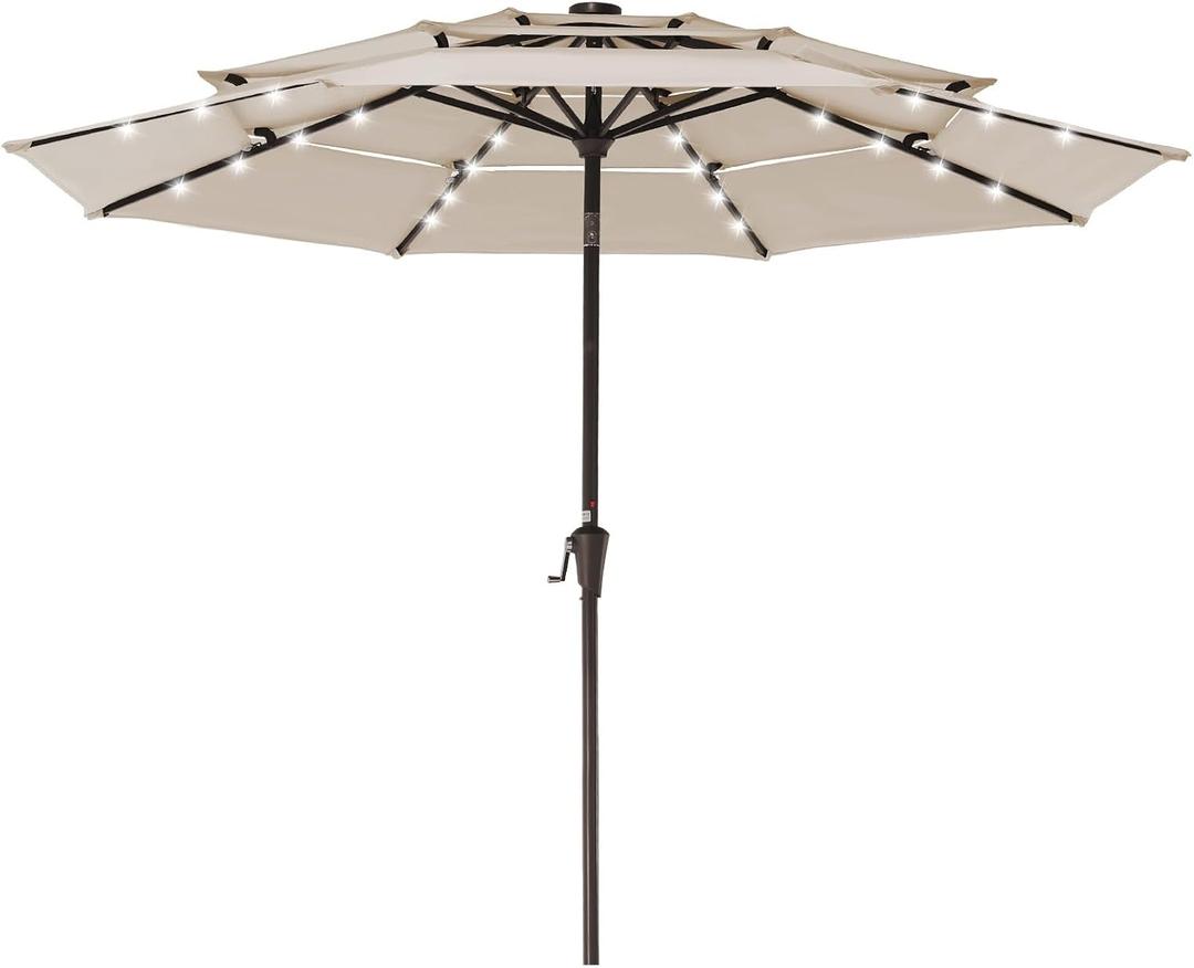 JEAREY 3 Tiers Patio Umbrella with Solar Lights 9ft Outdoor Market Table Umbrellas with Push Button Tilt for Outside Pool Garden, Tan