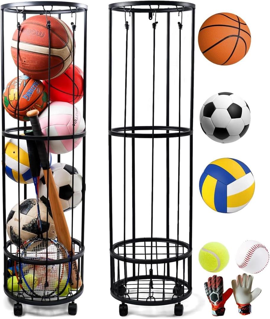 Upgrated Ball Storage Rack with Small Bottom Ball Holder, 3 Adjustable Elastic Cords Sports Equipment Organizer, Wall-Mounted Basketball Rack for Indoor,Outdoor,Home,Garage (3 Layer with open top, Black)