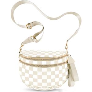 Checkered Crossbody Bags for Women, Large Nylon Bum Bags Plus Size Fanny Pack Sling Bag Belt Bag for Women Travel, Beige Checkered