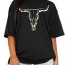 MAPICK Women Boho Cow Skull T-Shirts Western Cowgirls Graphic Crewneck Shirts Country Concert Short Sleeve Outfits XL