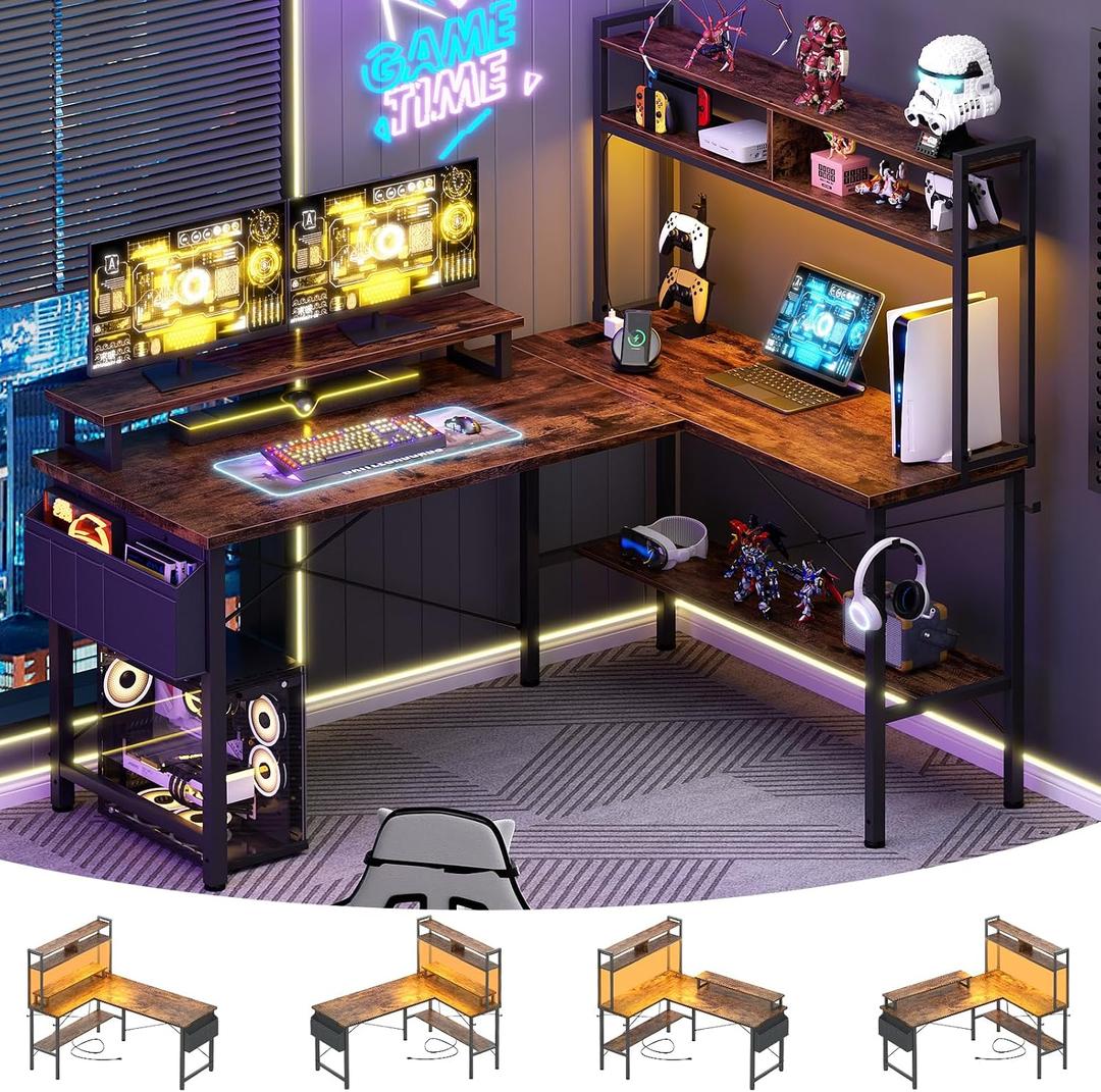 Aheaplus L Shaped Gaming Desk with Power Outlets & LED Lights, Rustic Brown, 49Inch