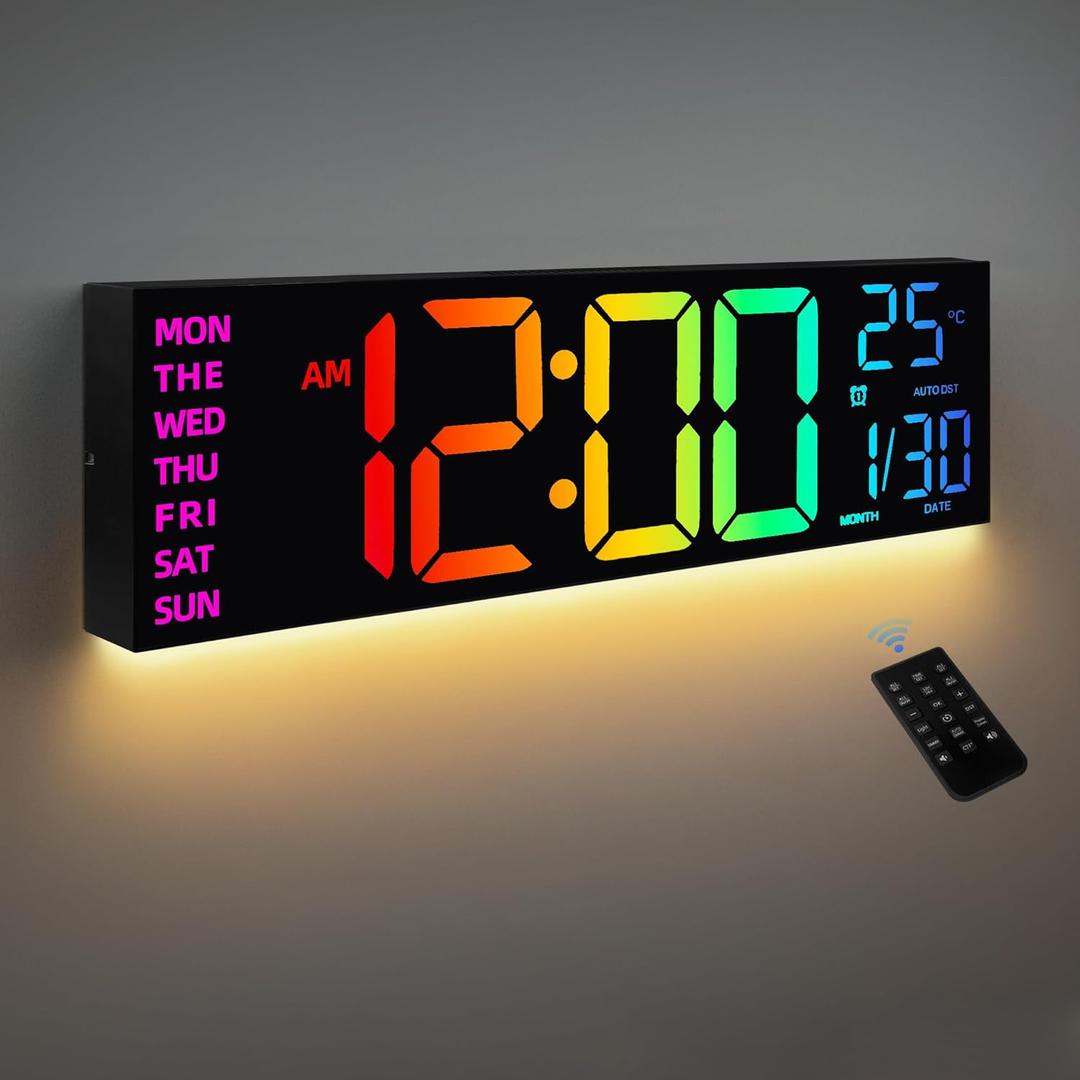 8 Colors Digital Wall Clock, 16.2" Large Digital Clock with Temperature, Date, Auto DST, Night Light, Auto Brightness Dimmer, 24/12-hour Wall Clock for Living Room Office Classroom Gym (Black)
