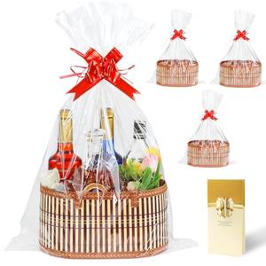 KEVTVEK 2 Set Baskets for Gifts Empty, Large Woven Bamboo Gift Basket Kit with Handles, Sturdy Empty Gift Baskets to Fill for Easter, Birthday Party Wrapping Gift -3 Cellophane Wrap Bags,3 Gift Cards
