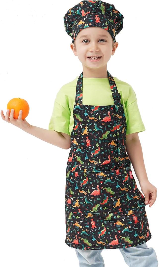 Kids Apron and Chef Hat Set, Children's Kitchen Cooking Aprons with 2 Pockets for Boys Girls Toddler Painting Baking
