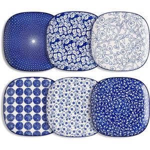 Selamica Porcelain Square Dessert Salad Pasta Steak Plates 10 inches ceramic plates set of 6 microwave/dishwasher/oven safe, Vintage Blue