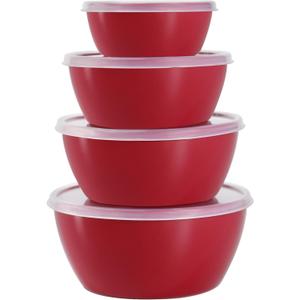 4-Piece Classic Plastic Prep Bowls with Lids, Nesting Plastic Small Mixing Bowl Set for Mixing, Baking, Prepping, Cooking and Serving Food, Microwave and Dishwasher Safe (Red)