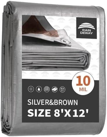 RAINDEWAY Tarps Heavy Duty Waterproof 8x12 Feet, 10Mil Multipurpose Poly Tarp Cover with Metal Grommets Camping Tarpaulin, Silver/Brown Tarp Finished Size