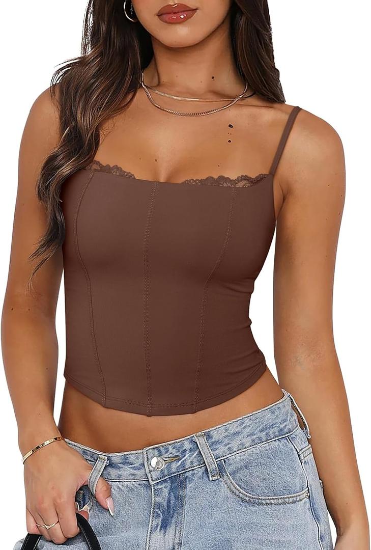 PINKMSTYLE Womens Bustier Corset Tops Spaghetti Strap Camisole Tank Tops Y2K Date Night Going Out Outfits (Brown, M)