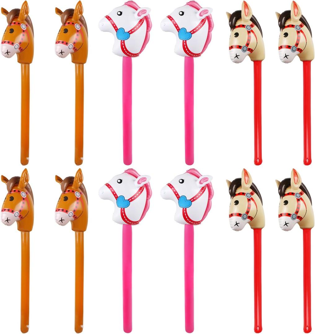 12PCS Inflatable Stick Horse, Blow Up Horse Head on Stick Pony Costume Western Cowboy Cowgirl Baby Shower Birthday Party Decorations Halloween Supplies Favors Props, 38 Inches (Multicolor)