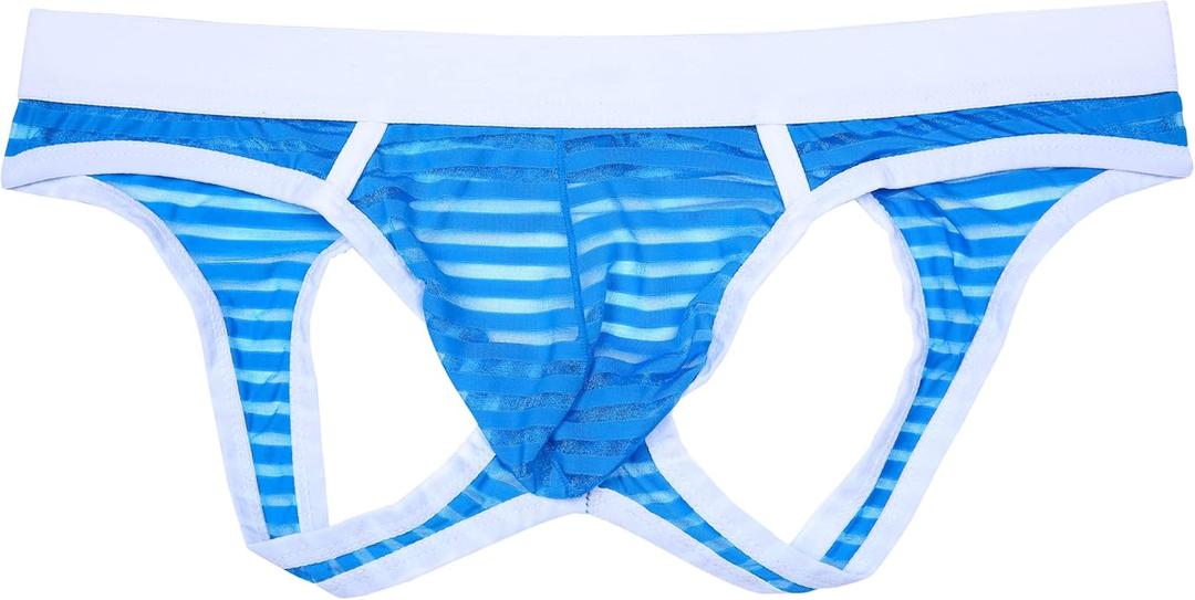 Men's Semi-Transparent Jockstrap Thong Underwear T-Back Thong G-String Underpants (Medium, Blue)