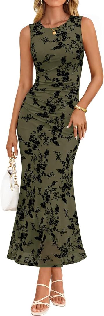 ZESICA Women's Sleeveless Floral Bodycon Maxi Dress 2026 Summer Ruched Mesh Wedding Guest Cocktail Party Dresses, L
