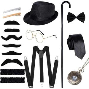 Ishua 1920s Men Costume Accessories, 17 pcs Old Men Gangster Costume Set, Roaring Retro Mens Gatsby Accessories 1920s (Black)