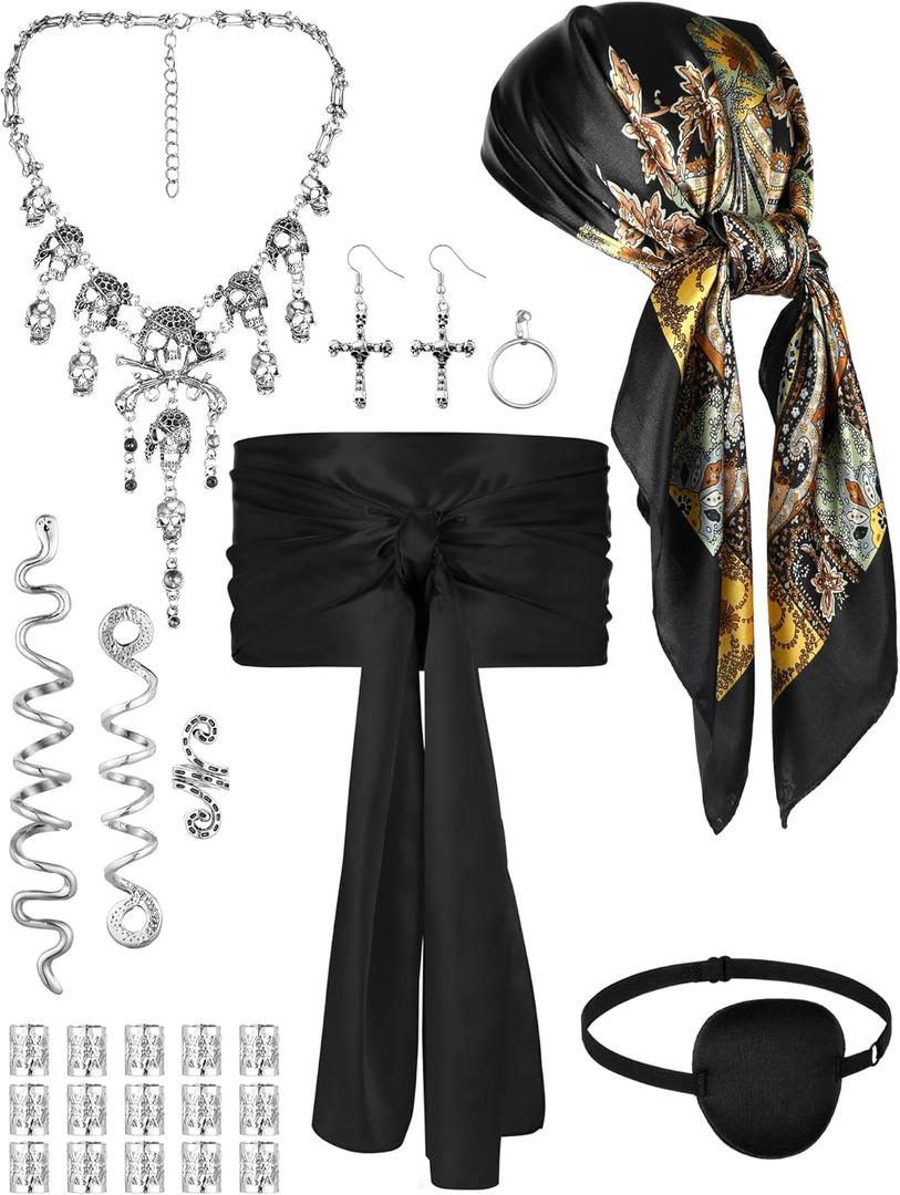 Remuuly 24 Pcs Pirate Costume Women Rave Accessories Pirate Head Scarf Sash Belt Eye Patch Necklace Earring Hair Accessory (Black and Silver)