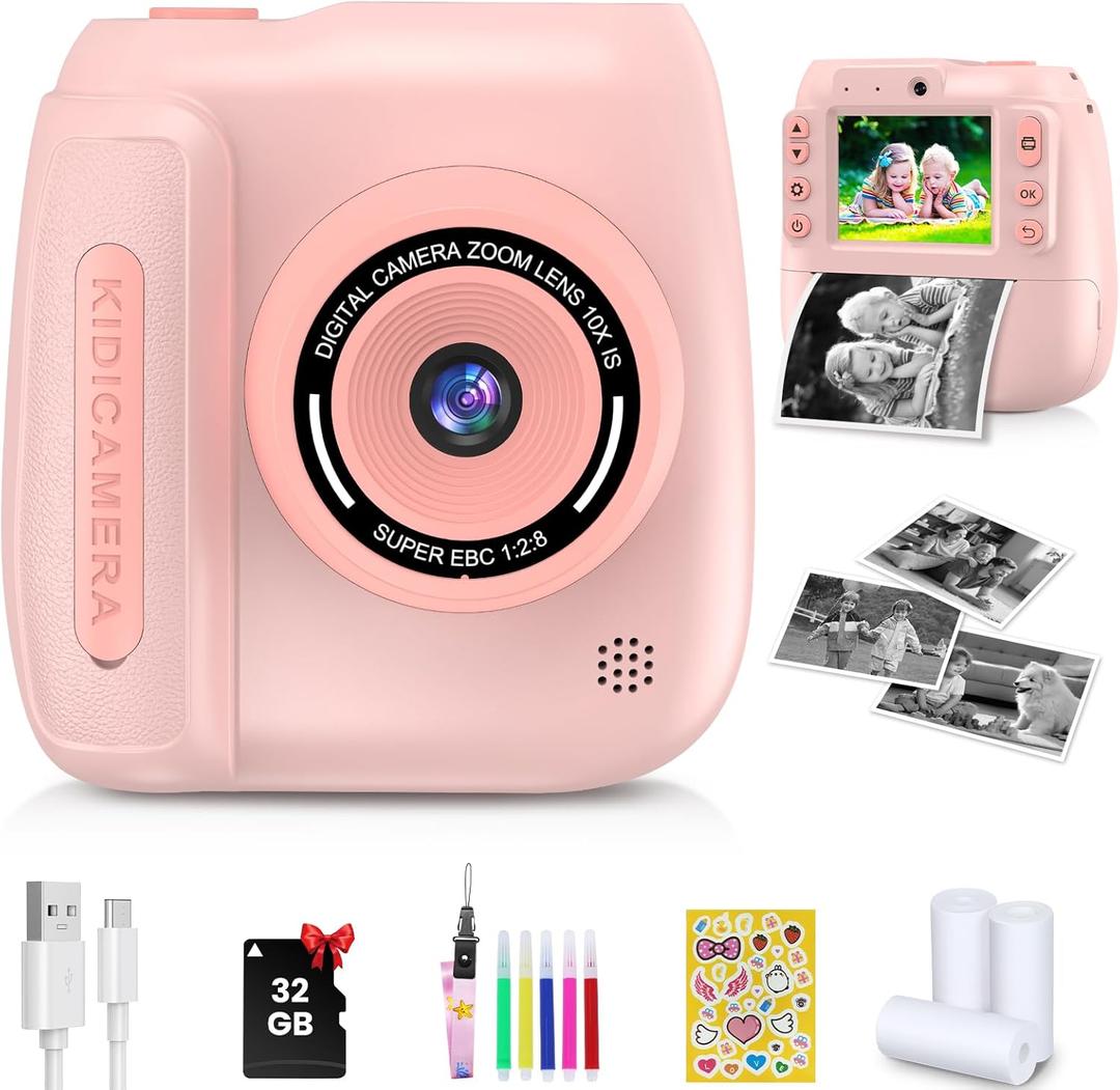 Kids Camera Instant Print, Kids Instant Camera with 1080P Videos, Christmas Birthday Gifts for Girls Boys Age 3-12, Portable Toddler Travel Digital Print Toy for 3 4 5 6 7 8 9 10 11 12 Year Old, Pink