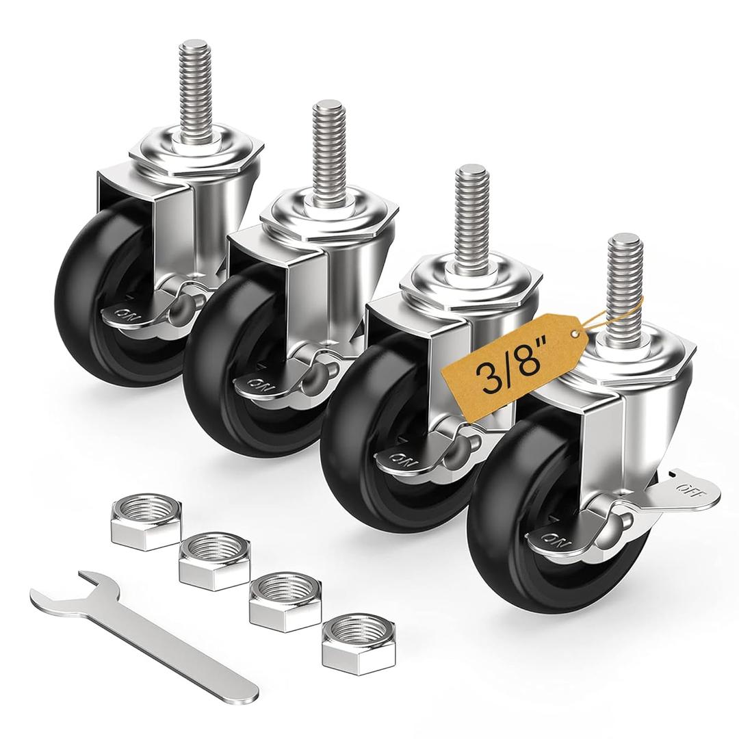 HOLKIE Caster Wheels 3 inch Locking Stem Casters, 3/ 8" -16 x 1-1/ 2" (Stem Diameter 3/ 8", Stem Length 1-1/ 2") Threaded Stem Casters Swivel Casters Set of 4 Heavy Duty Castors Black