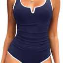 Tempt Me Womens One Piece Swimsuit - Tummy Control Bathing Suit V Wired Ribbed Full Coverage 2026 Swimwear (Large, Navy Blue and White)