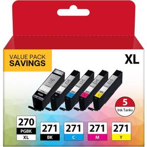 PGI-270XL CLI-271XL 5 Color Value Pack Replacement for Canon 270 271 XL Ink Cartridges to use with MG5720 MG5721 MG5722 MG6820 MG6821 MG6822 TS6020 (PGBK, Black, Cyan, Magenta, Yellow, 5Pack)