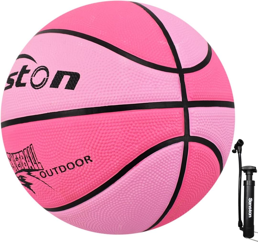 Senston 27.5'' Outdoor Basketball Ball Excellent Elasticity/Grip Rubber Basketballs with Pump, Durable Size 3/5/7 Outdoor/Indoor Basketball, Pink, 27.5''/Size 5
