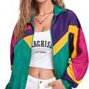 Verdusa Women's Colorblock Zip Up Long Sleeve Collar Windbreaker Jacket Coat (Green, M)