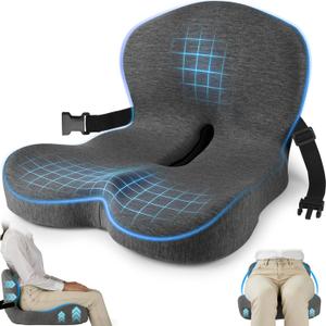 MYFAMIREA Truck Seat Cushion, Memory Foam Trucker Seat Cushion for Truck Driver Long Sitting with Adjustable Strap, Back Support and Pain Relief for Trucker Driving Office Chair and Pain, Dark Gray (Average Size)