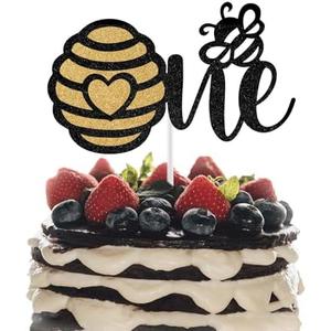 Pack Of 5 One Cake Topper, 1st Year Old Baby Birthday Cake Decor, Bee Theme Baby Shower Decorations, Boy/Girl First Birthday Party Decoration, Black Glitter