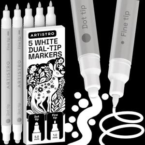 ARTISTRO 5 White Precision Dual-Tip Acrylic Paint Markers  Paint Pens Set with Dot & Fine Tips for Fabric, Rock, Glass, Wood, Coloring Books  Classroom & Art Supplies Gift Teacher Appreciation Gift