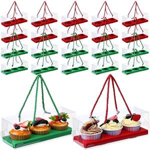 Thenshop Valentine's Day 20 Pcs 9 x 3 x 3 Inch Clear Cupcake Boxes with Handle and Insert Portable Pastry Packaging for Cupcakes Carrier Muffin Bakery Take out Containers Wedding Party(Red and Green)