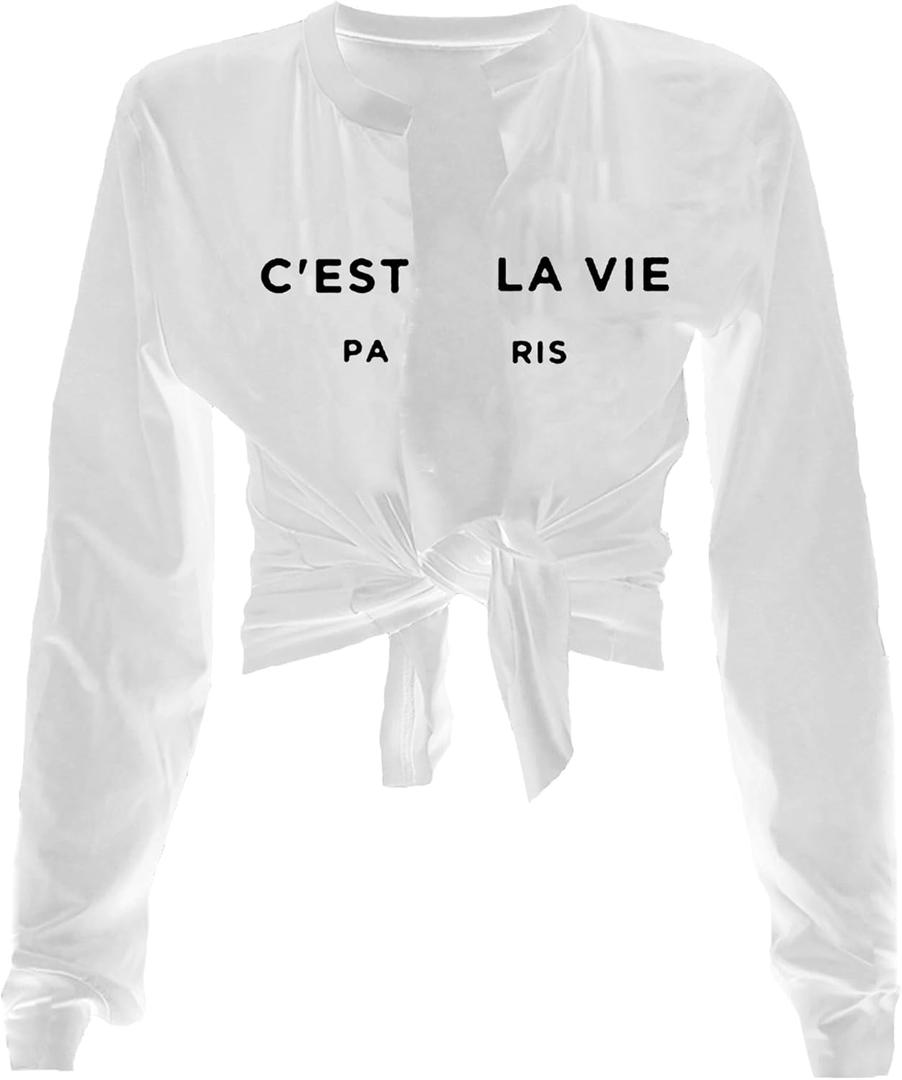 Sexy Tie Front Crop Top for Women Long Sleeve Graphic Tee Shirt Clubwear (Large, Cest White)