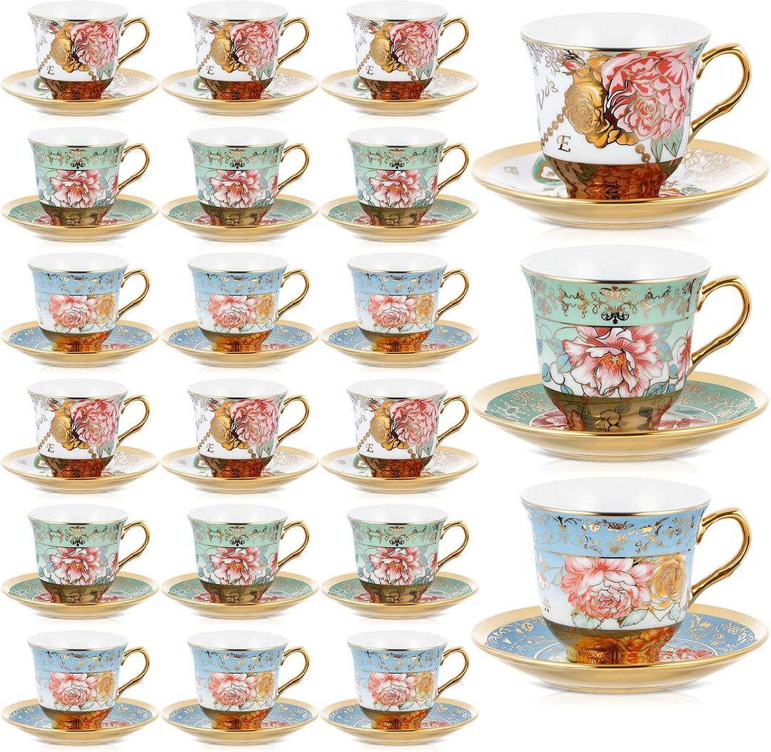 Set of 18 Tea Cups and Saucers Tea Party Decorations Floral Porcelain 5.4 oz British Gift for Women Birthday Party, Church, and Mother's Day (Classic Style)