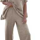 Tankaneo Women's 2 Piece Travel Outfits Casual Short Sleeve Knit Sweater Set Wide Leg Pants Lounge Sets Tracksuit (Medium, Khaki)