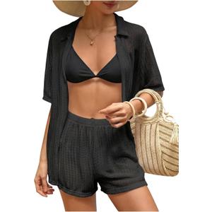 Milumia Women's 2 Piece Cover Ups Set Short Sleeve Open Front Hollow Out Swimsuit Coverup with Shorts (Medium, Black)