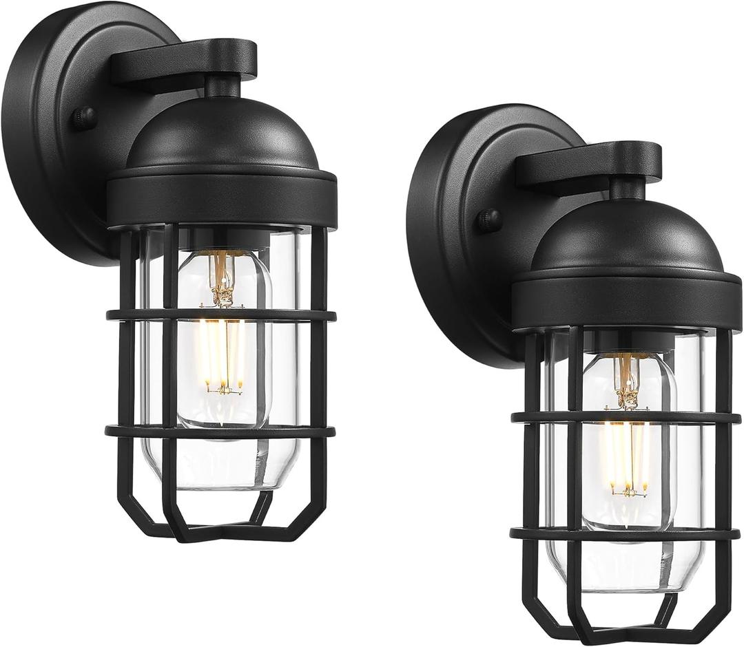 Emliviar Farmhouse Outdoor Wall Light, 2 Pack Wall Light Fixtures with Clear Tempered Glass, Black Finish, GE255B-2PK BK (9.4 Inch - 2 Pack)