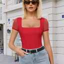 Avidlove Women's Short Sleeve Bodysuits Sexy Square Neck Body Suit Mesh Double Lined Tshirt Leotard Tops Going Out (XX-Large, Red)