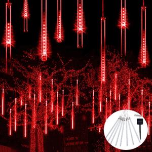 JMEXSUSS Red Solar Christmas Lights Outdoor, 8 Tube 144 LEDs Solar Meteor Shower Rain Lights, Red Twinkle Light for Tree Eaves Fence Christmas Decorations