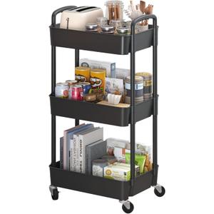 Sywhitta 3-Tier Plastic Rolling Utility Cart with Handle, Multi-Functional Storage Trolley for Office, Living Room, Kitchen, Movable Storage Organizer with Wheels, Black