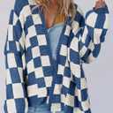 Saodimallsu Womens Checkered Oversized Cardigan Sweaters Color Block Chunky Open Front Lantern Sleeve Plaid Knit Coats (Small, Navy)